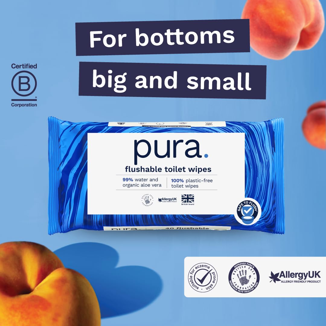 Pura Flushable Moist Toilet Tissue Wipes - 40 Count Pack, 100% Plastic Free 4