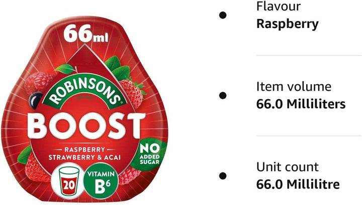 Robinsons Boost Benefit Drops Raspberry, Strawberry & Acai with Vitamin B6 – No Added Sugar Squash Concentrate