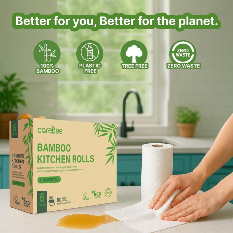 CareBee Kitchen Roll - 2 Ply Strong & Absorbent Bamboo Paper Towels | 3 Rolls