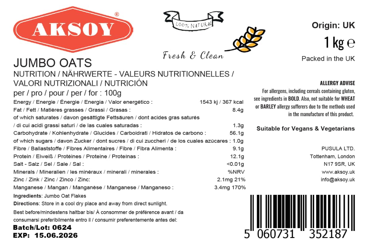 AKSOY Jumbo Oats - 1kg Bag | 100% Wholegrain Rolled Oats | High in Fiber & Protein