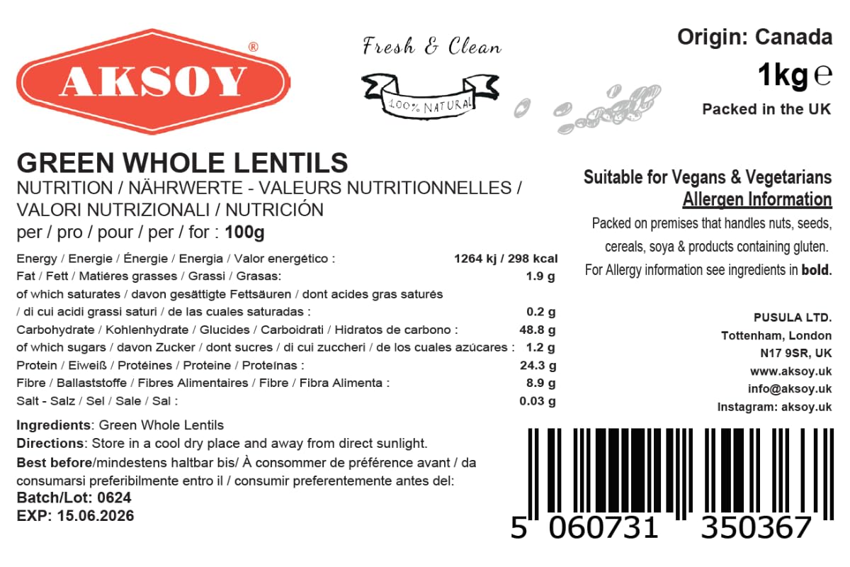 AKSOY Green Whole Lentils - 1kg Bag | Rich in Iron & Folate | Suitable for Vegetarians & Vegans 6