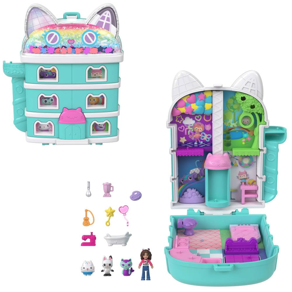 Polly Pocket x Gabby's Dollhouse Playset - 15-Piece Interactive Compact with Doll & Kitty Friends 1