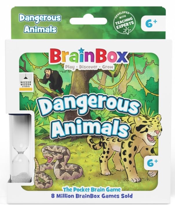 BrainBox Pocket Dangerous Animals Travel Card Game | Ages 6+ | 1+ Players