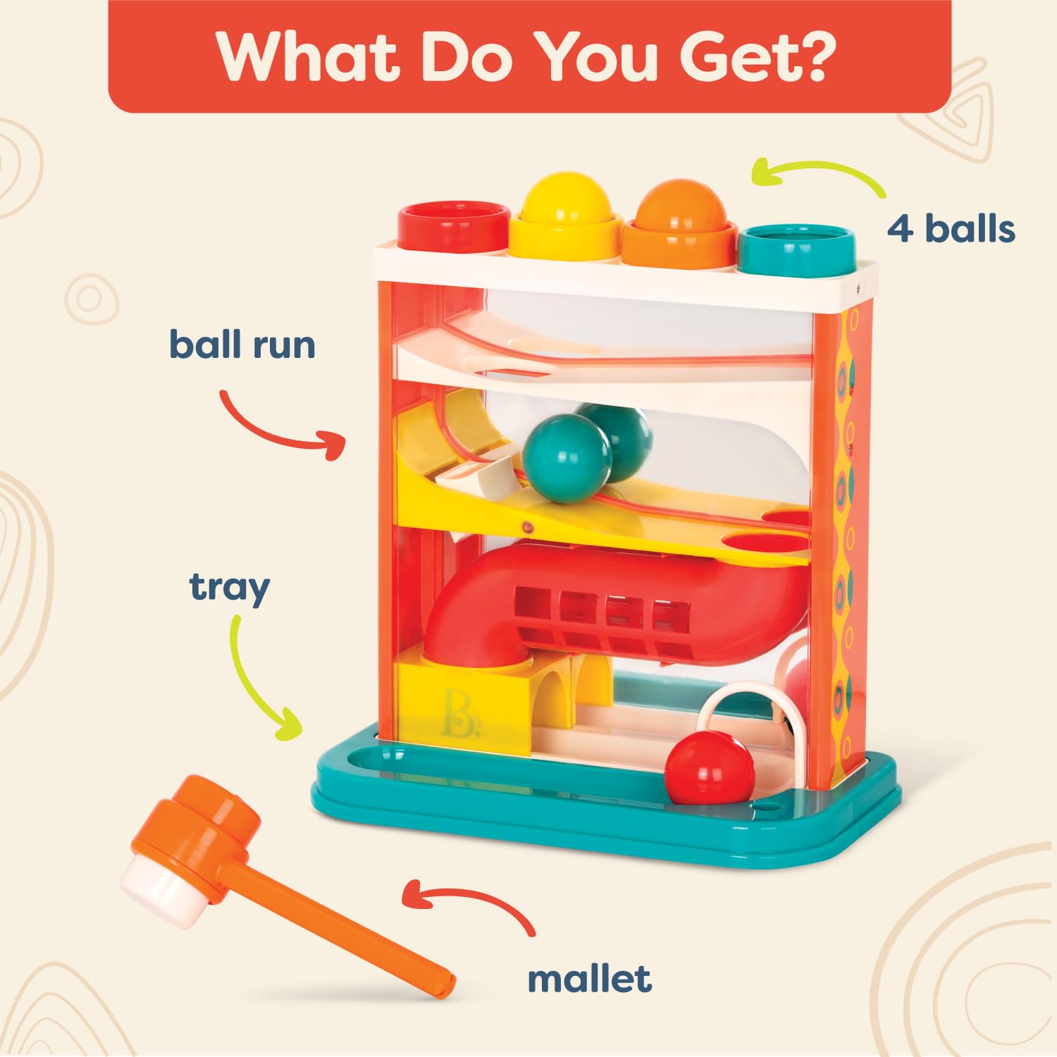 B. toys Whacky Ball - Pounding Toy with 4 Colorful Balls & Hammer for Toddlers 2