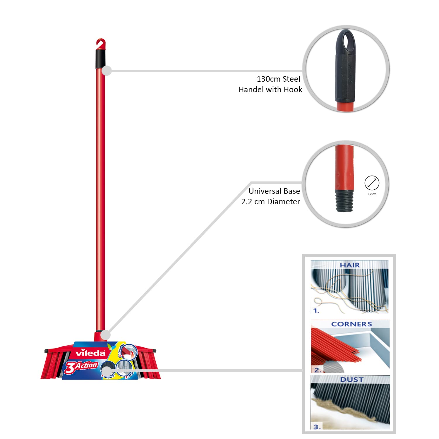 Vileda 3Action Indoor Broom with 3 Different Bristles, Red - Grey, 28 x 14 cm 2