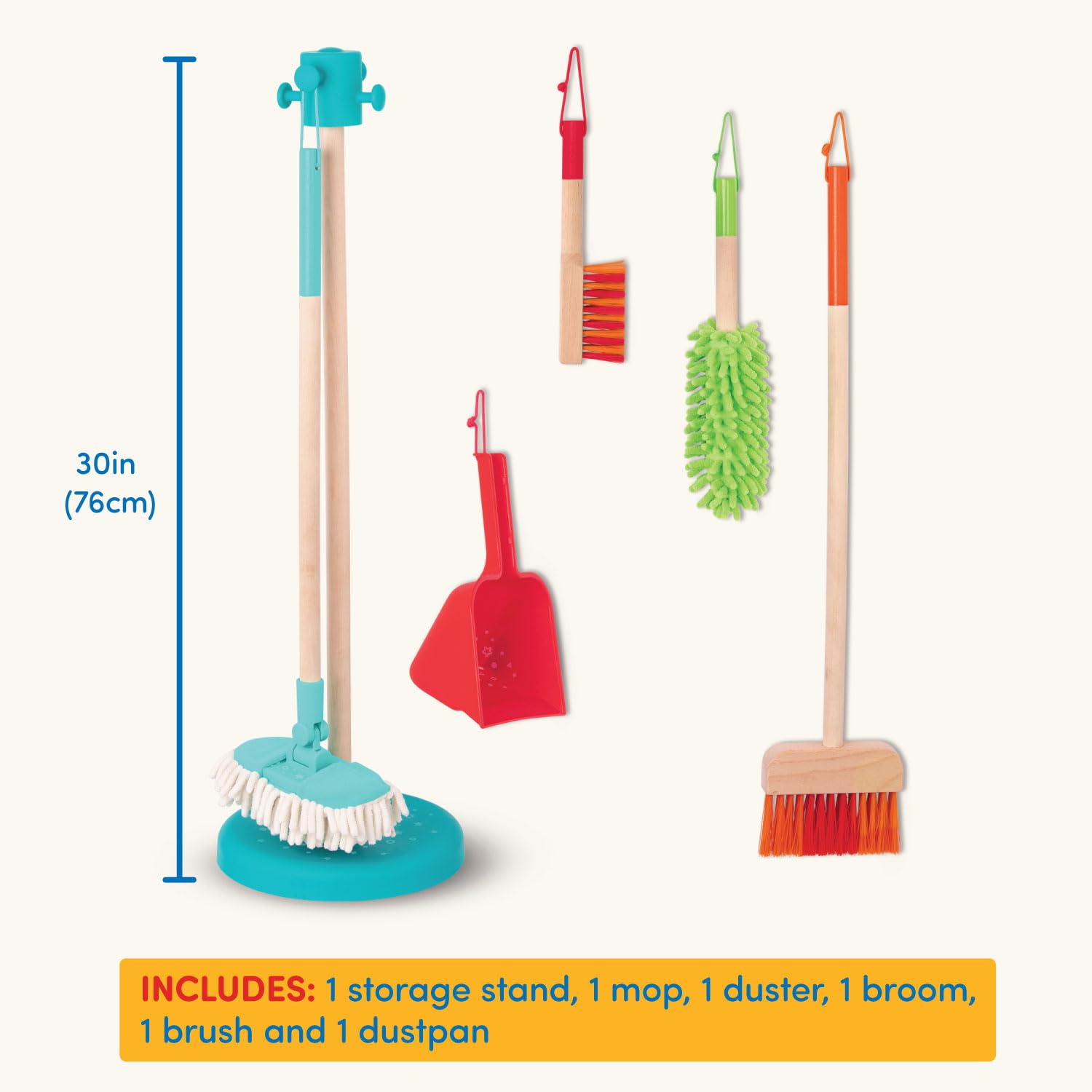 Battat Kids Cleaning Set with Broom, Mop, Duster, and Storage Stand for Toddlers 6