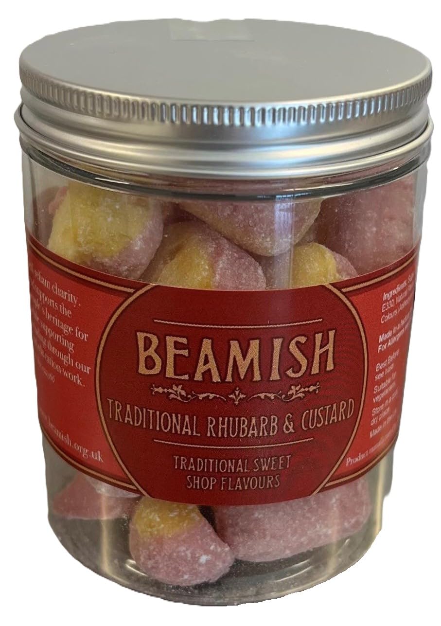 Beamish Branded Natural Rhubarb and Custard Candy Jar, 200g - Traditional Handmade Sweets 2