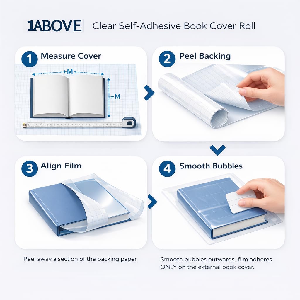 1ABOVE Clear Self-Adhesive Book Cover Roll - Transparent Sticky Back Plastic for A4 | 33cm x 1M 3