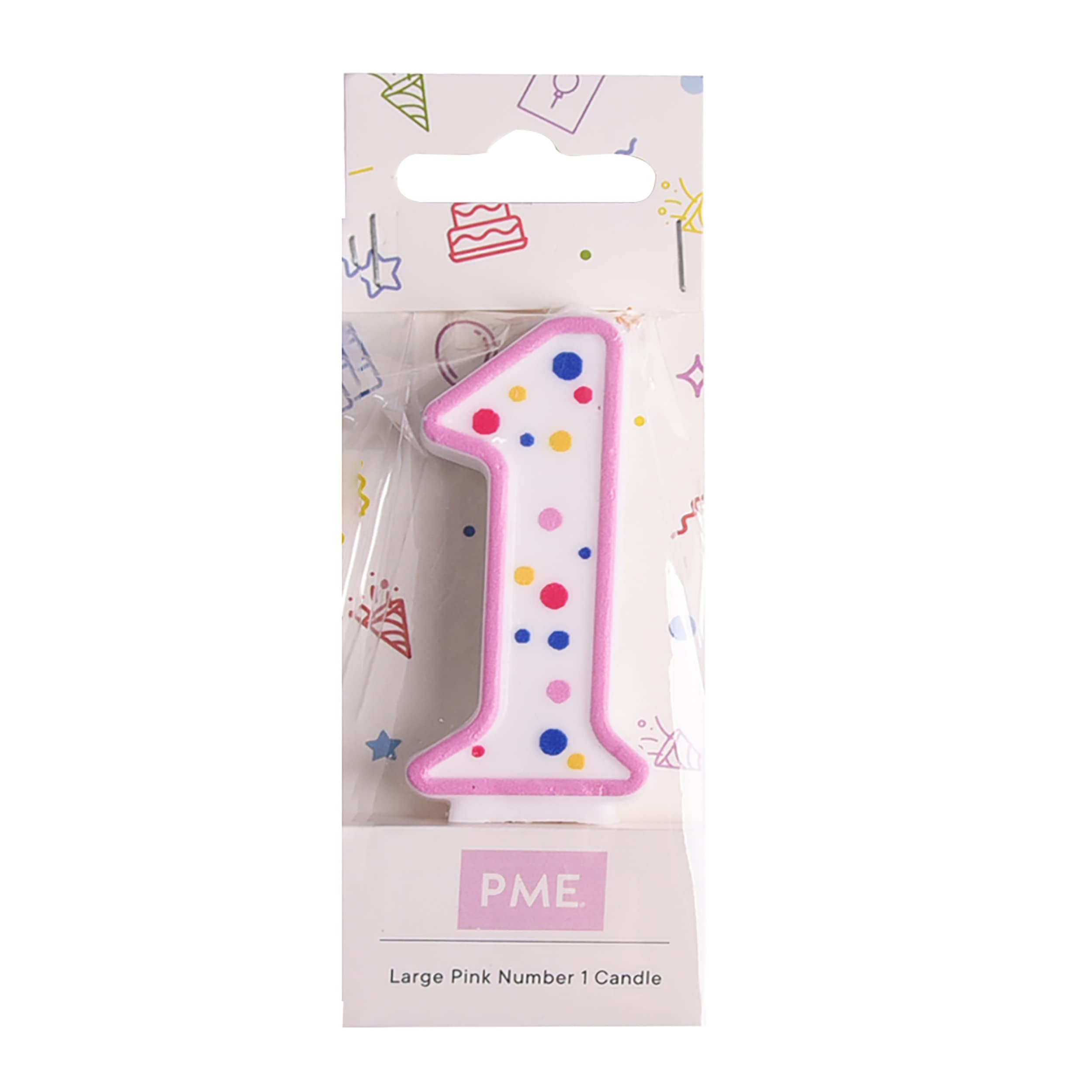 PME Pink Number 1 Birthday Candle - Large Size (6.3cm) with Multi-Coloured Polka Dots 2