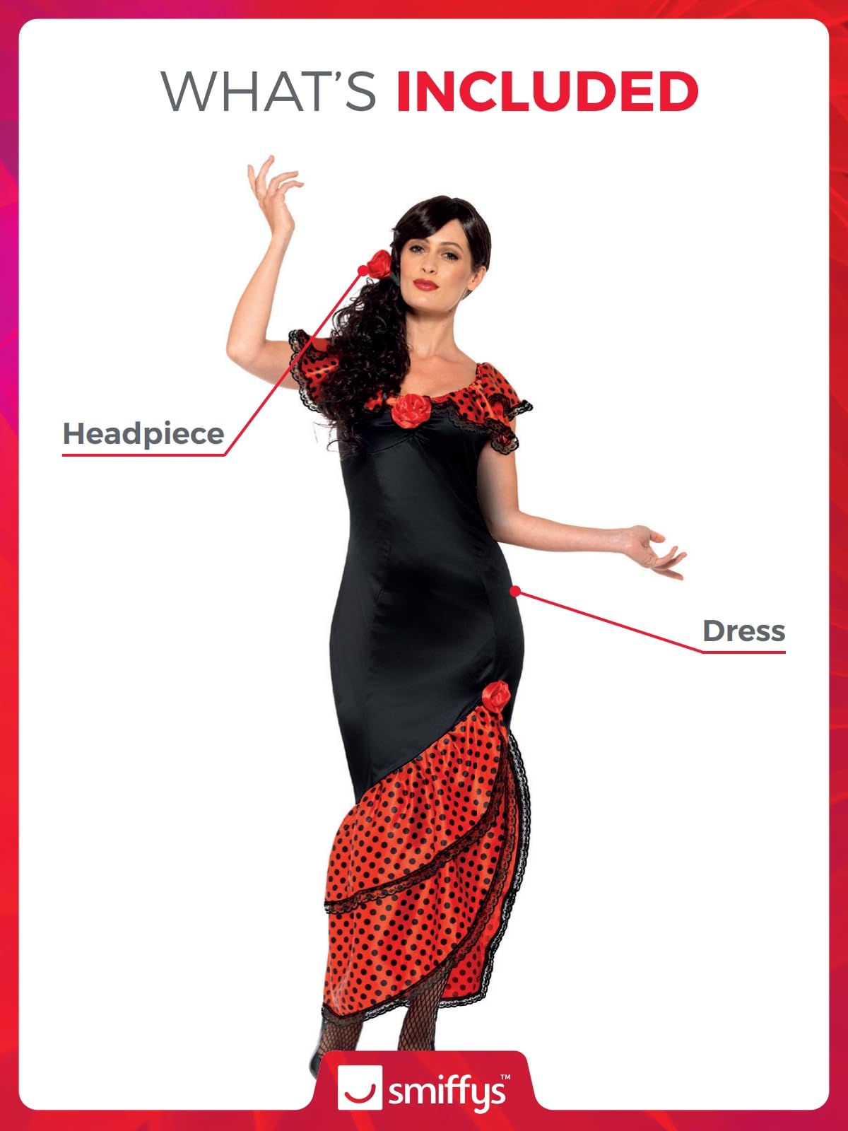 Smiffys Flamenco Senorita Costume - Adult Women's Size M (UK 12-14) | Black & Red Dress with Headpiece