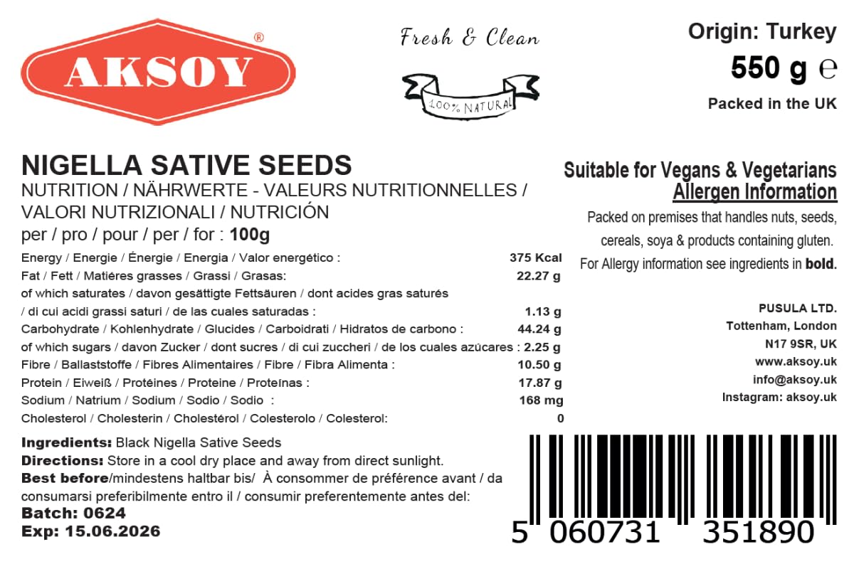 AKSOY Black Cumin Seeds (Nigella Sativa) - Premium Quality, Natural Spice | 550g