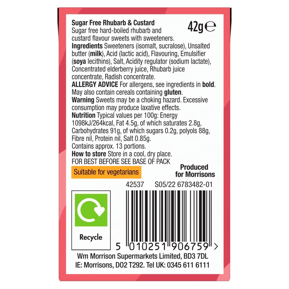 Morrisons Sugar Free Rhubarb & Custard Sweets - 42g