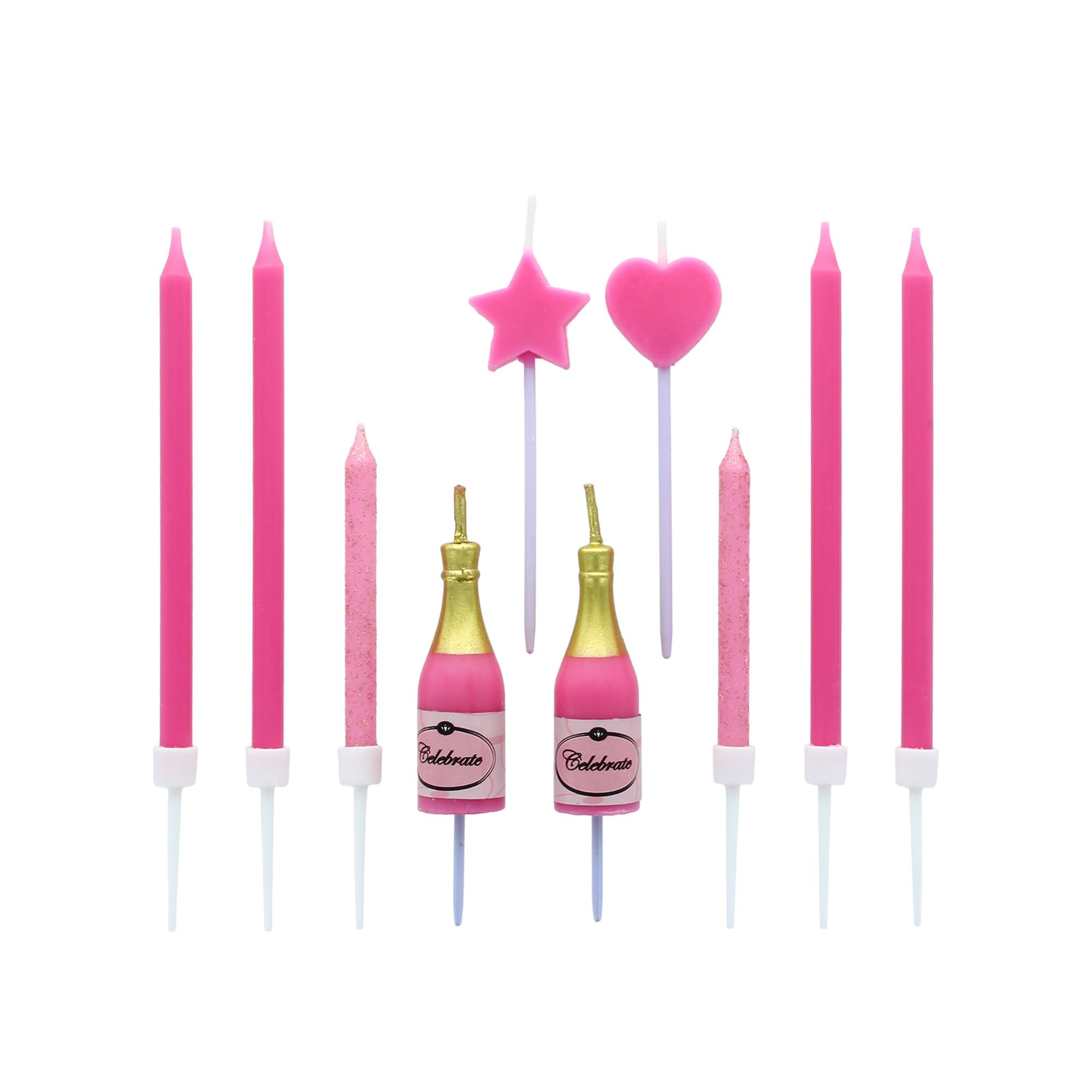 Culpitt Pink Fizz Cake Candles - 10 Piece Mixed Set with Glitter, Champagne Bottle, Heart & Star Shapes 5