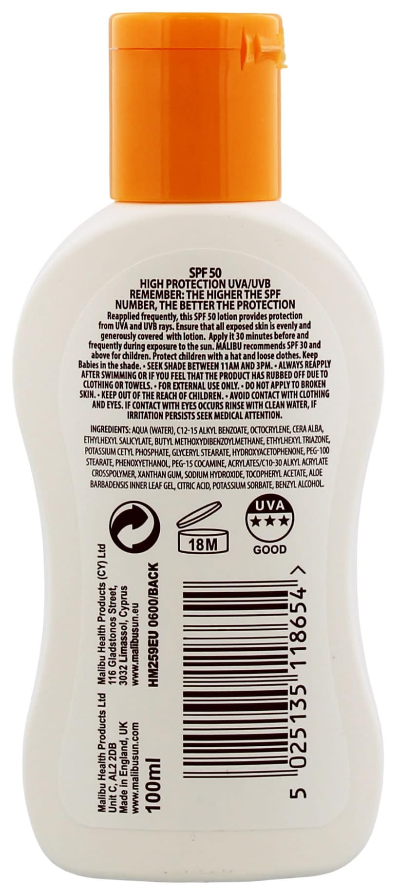 Malibu Kids SPF 50 Sun Lotion - Moisturising, Water Resistant, Vitamin E Enriched, 100ml