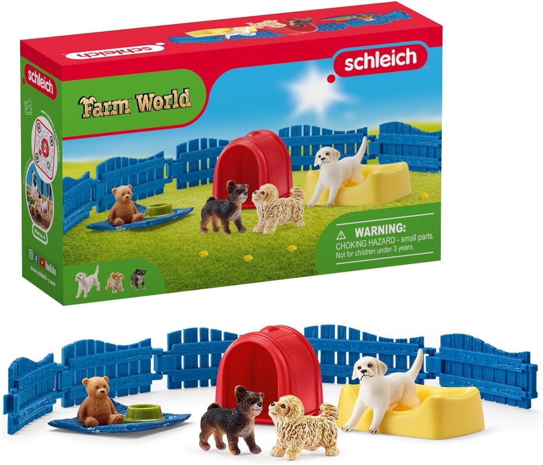 SCHLEICH Farm World Puppy Pen Playset - 13-Piece Animal Playset with 3 Puppies 1