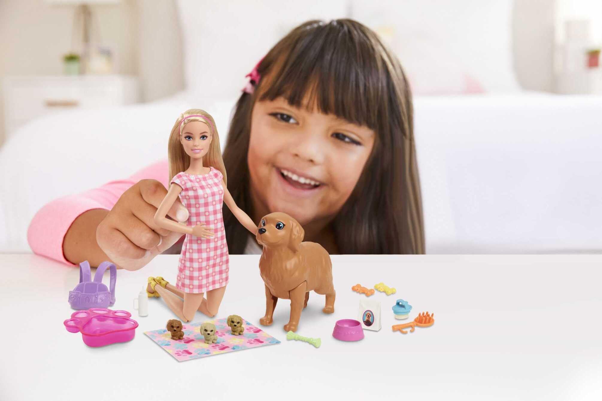 Barbie Newborn Pups Playset with Blonde Doll, Mommy Dog, 3 Puppies, and 11 Accessories | Ages 3-7 2