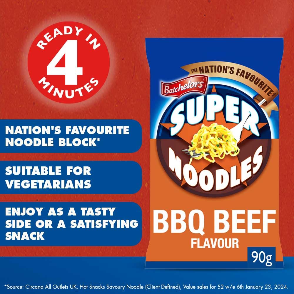 Batchelors Super Noodles Tasty BBQ Beef Flavour Instant Snack | 90g Pack of 8 5