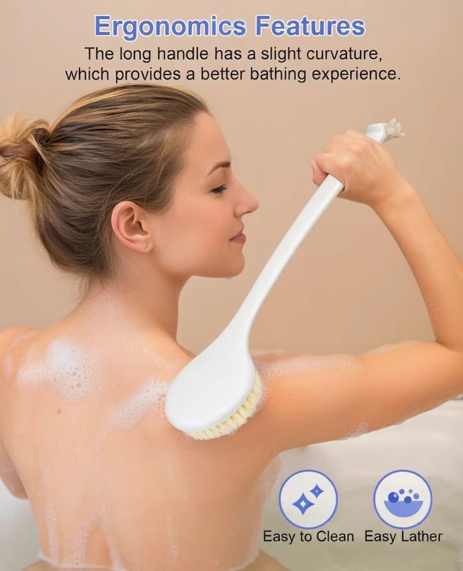 elzle Back Scrubber - 38cm Long Handle, Natural Soft Bristles | Wet/Dry Use 7
