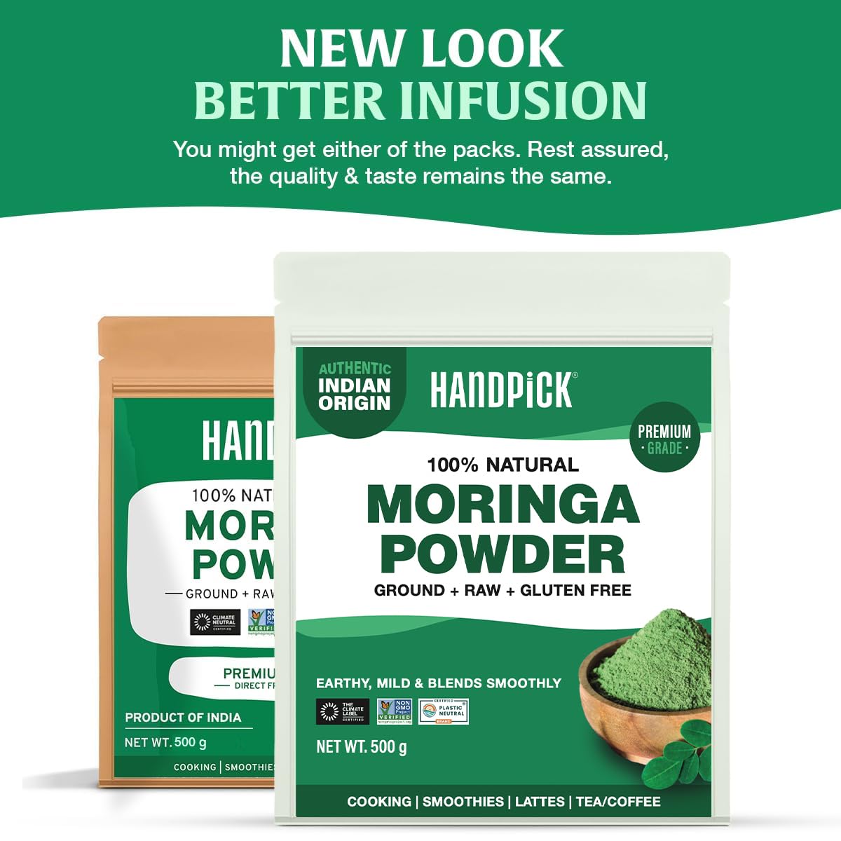 HANDPICK Moringa Powder - Pure Moringa Oleifera Leaves for Smoothies, Lattes & Tea | 500g Resealable Pouch
