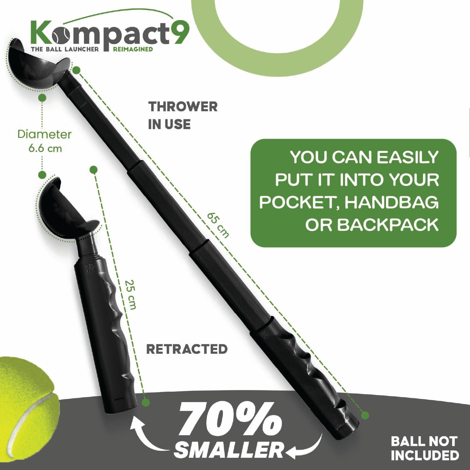Kompact9 Retractable Dog Ball Thrower - Pocket Sized, Made from Recycled Plastic