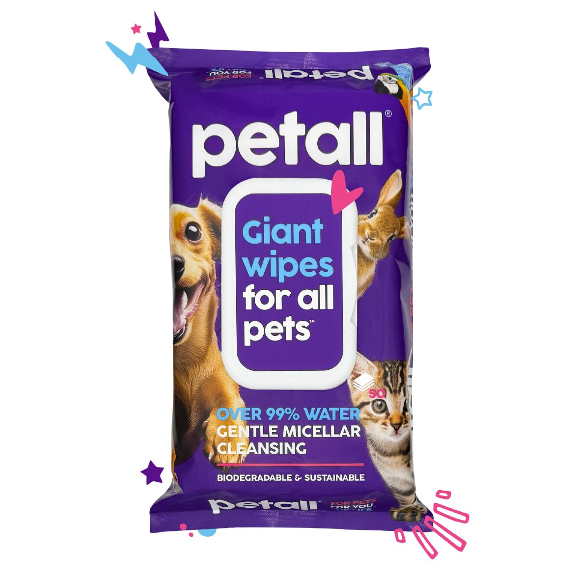 petall Extra Large Hypoallergenic Biodegradable Pet Wipes - 50 Count, 99% Water