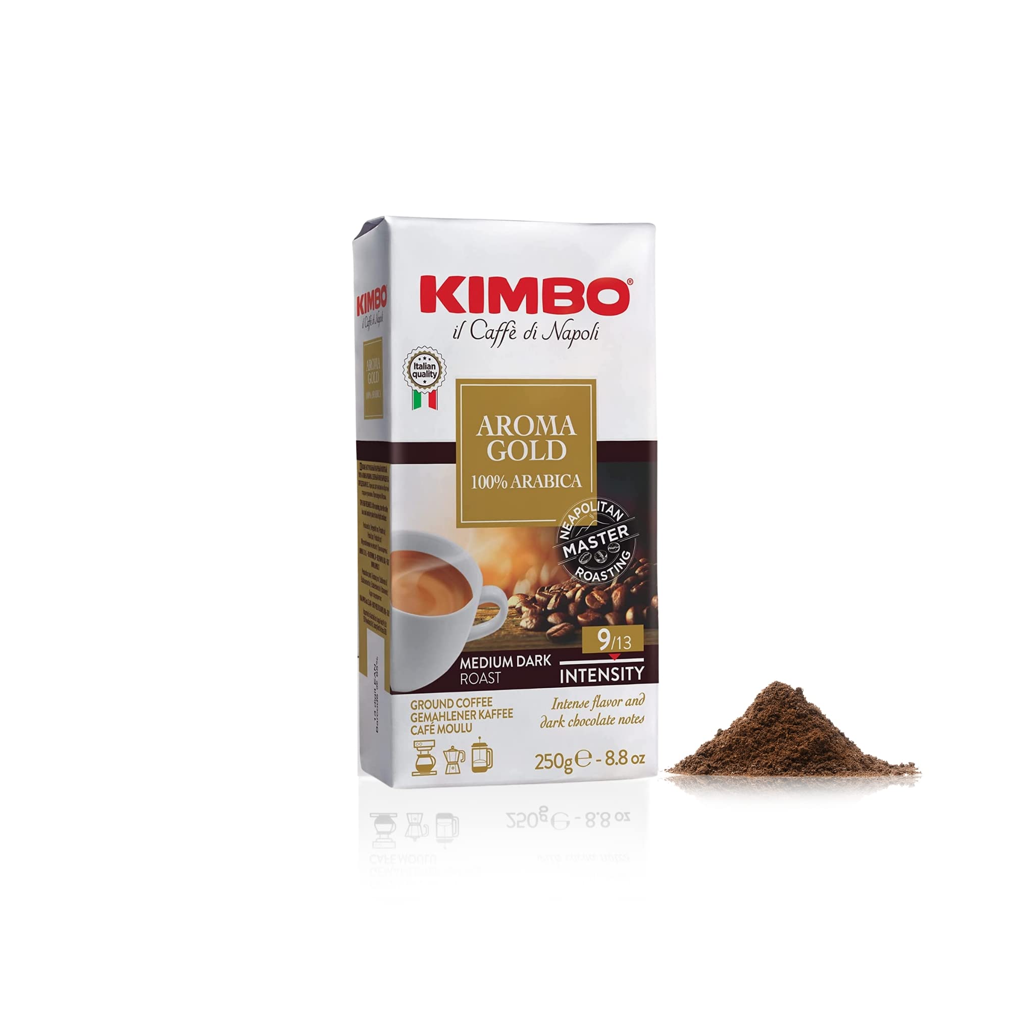 Kimbo Aroma Gold Ground Coffee - 100% Arabica, Medium Dark Roast 9/13, 250g