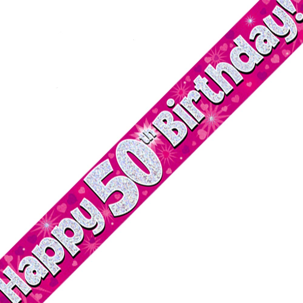 OakTree Happy 50th Birthday Banner | 9 ft Length | Pink Holographic