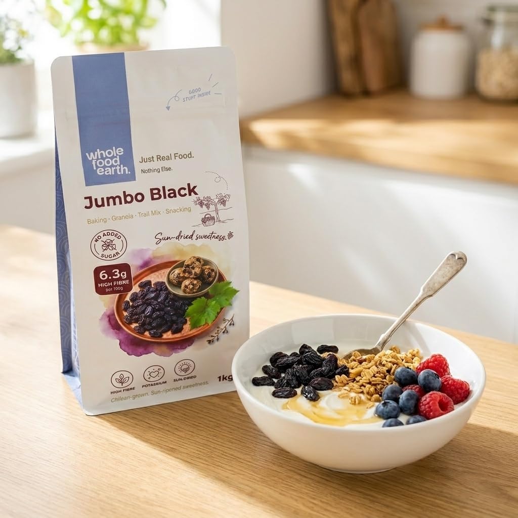 Wholefood Earth Jumbo Black Raisins - 1 kg Pack | High Fibre | GMO Free 4