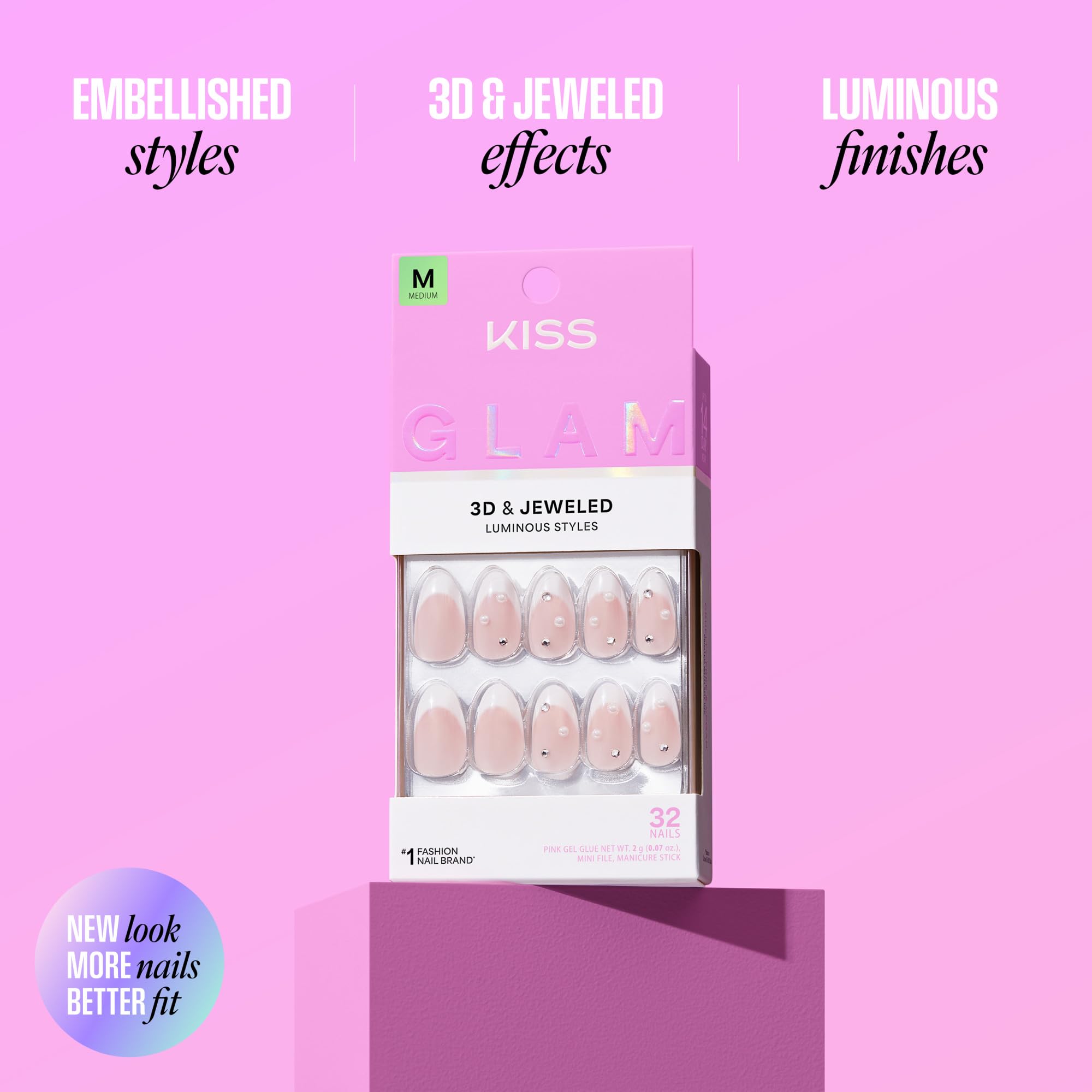 KISS GLAM JEWEL NAILS - Breeze of Bliss | White Almond Medium | 32 Nails 6