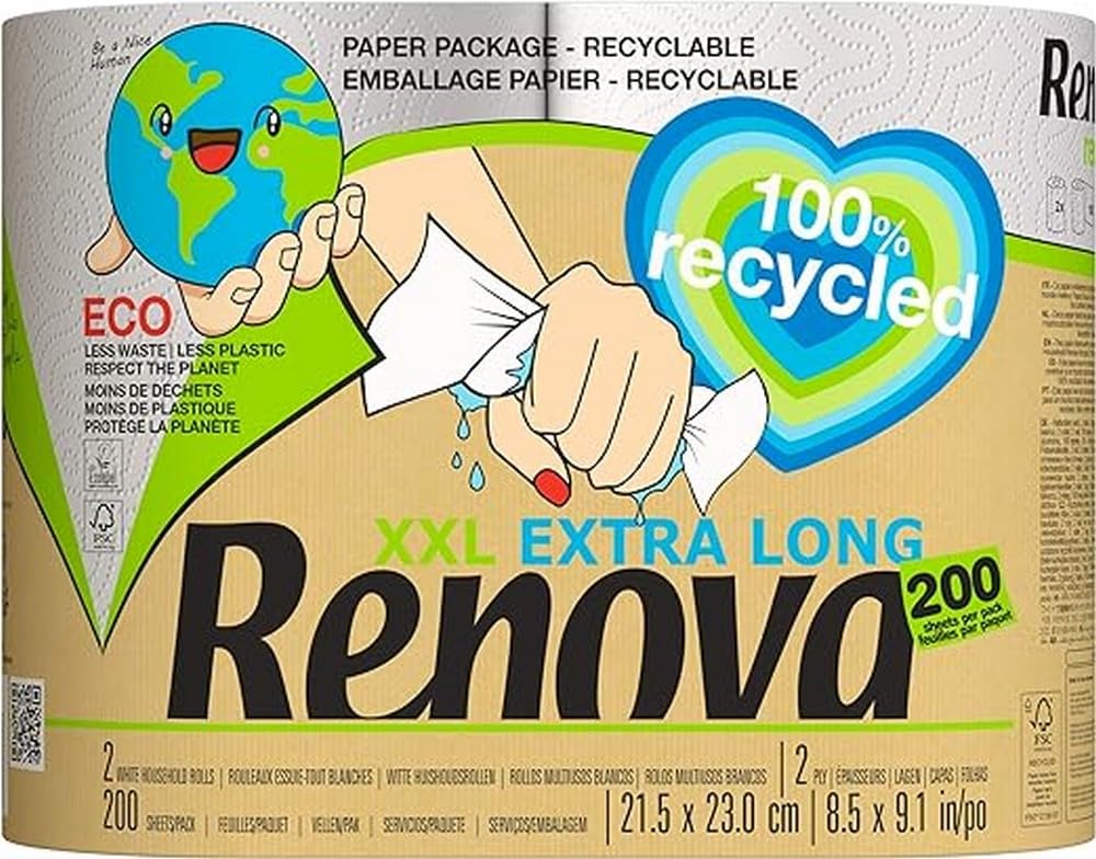 Renova - Recycled Kitchen Rolls 2-Ply XXL (Pack of 2) Wrapped in Paper