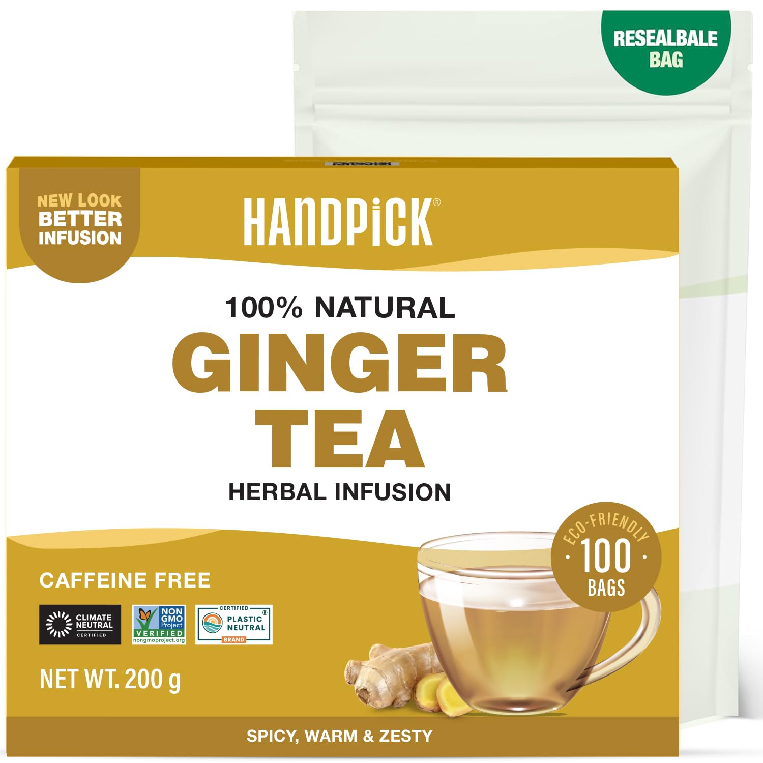 HANDPICK Ginger Tea Bags (100 Count) Non-GMO, Pure Ingredients - Soothing & Spicy Herbal Tea | Eco-conscious Round Tea Bags