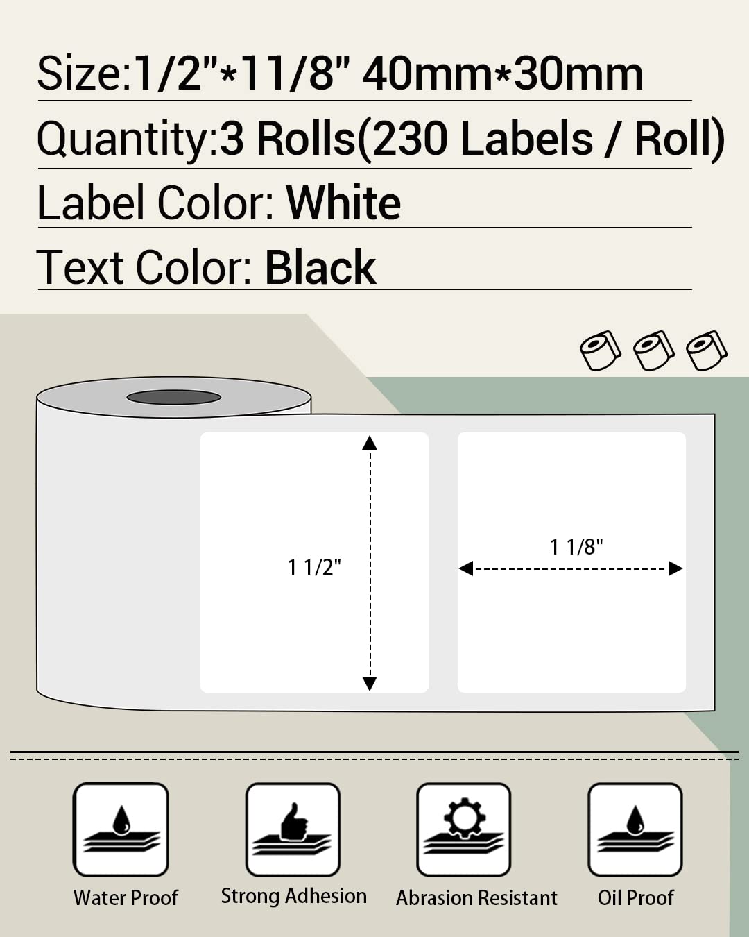 Phomemo Thermal Printer Labels - 3 Rolls, 40x30mm White Rectangular, Ink-Free Printing | Compatible with M110/M220/M221