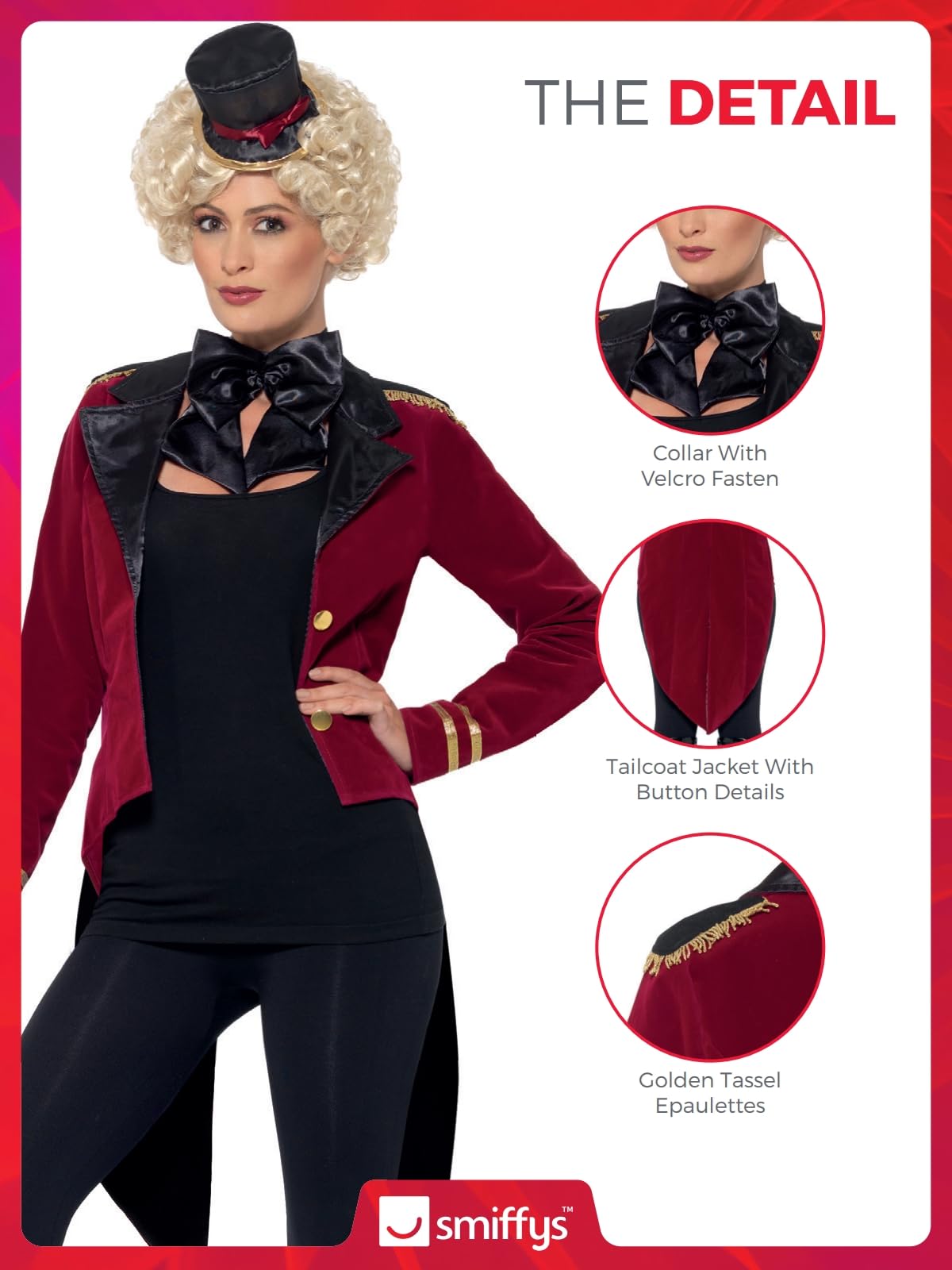 Smiffys Ringmaster Costume - Adult Circus Fancy Dress with Jacket, Collar & Mini Top Hat 2