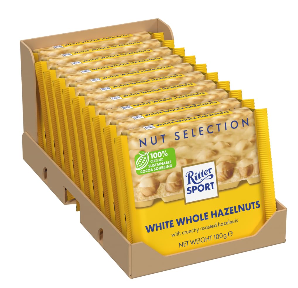 Ritter Sport White Whole Hazelnut Chocolate Bar 100g (Pack of 10)