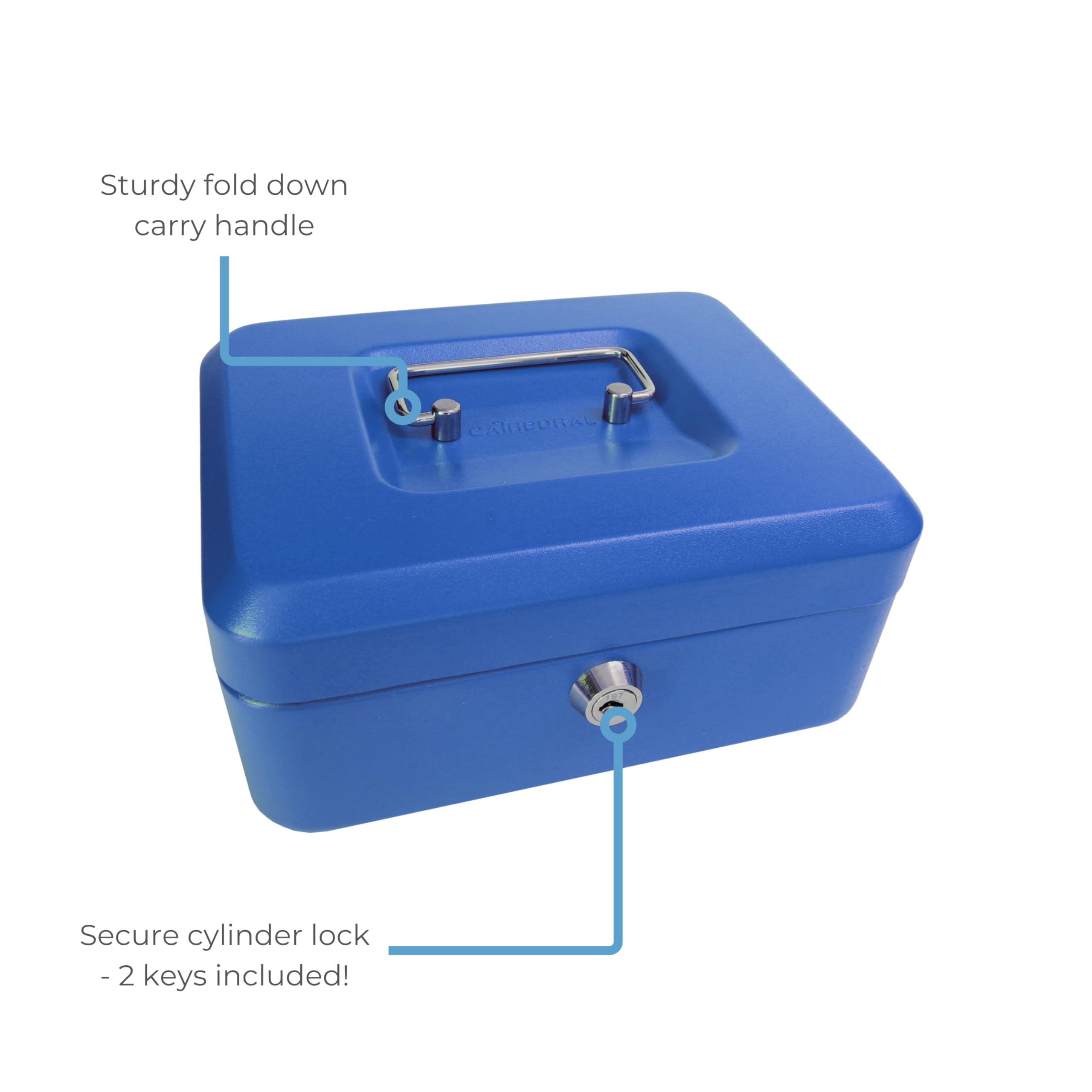 Cathedral Products Key Lockable Cash Box with 6 Compartment Coin Tray - 8 Inch - Blue 4