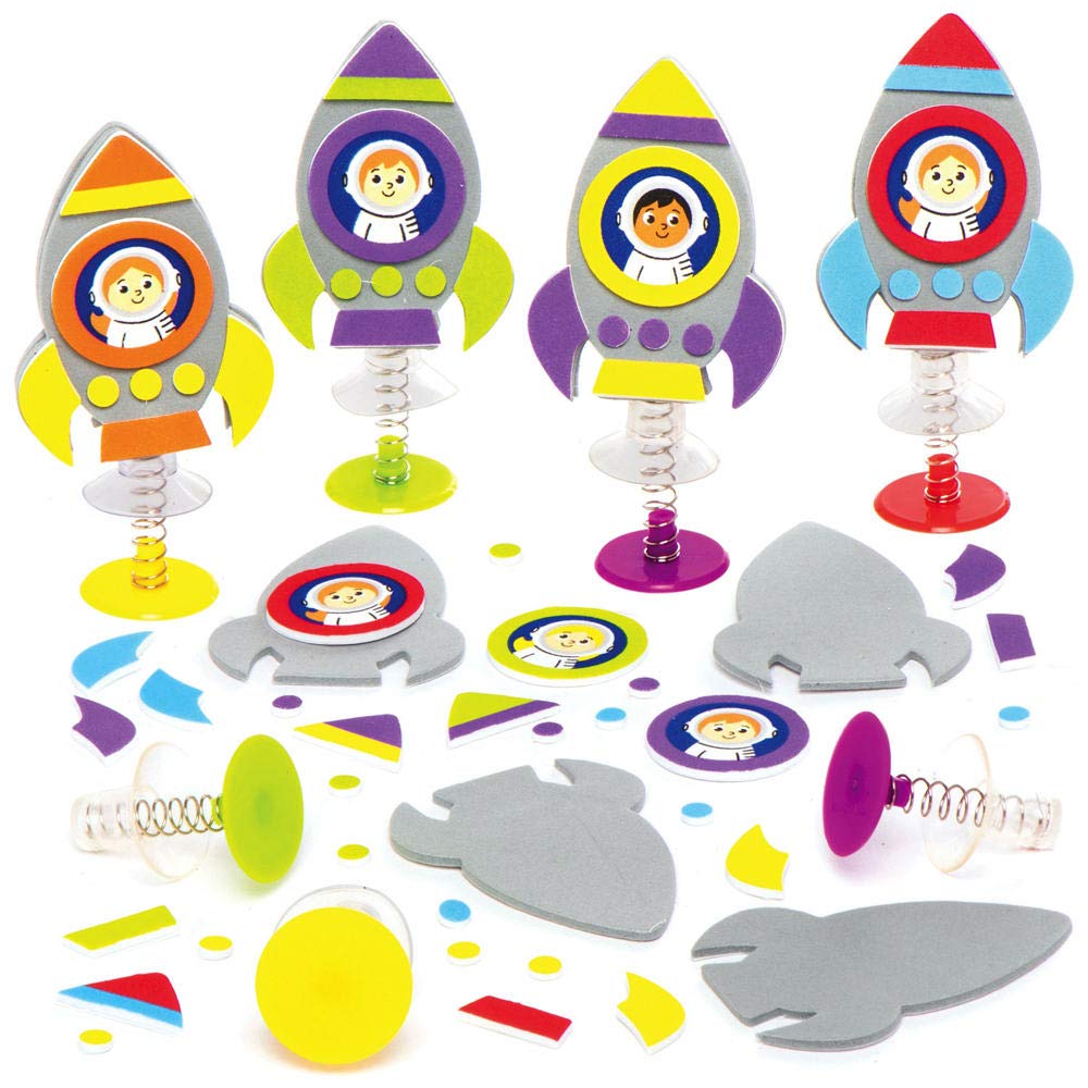 Baker Ross AX181 Space Rocket Jumping Toys - Pack of 8 | 9cm High | Foam & Spring Mechanism 1