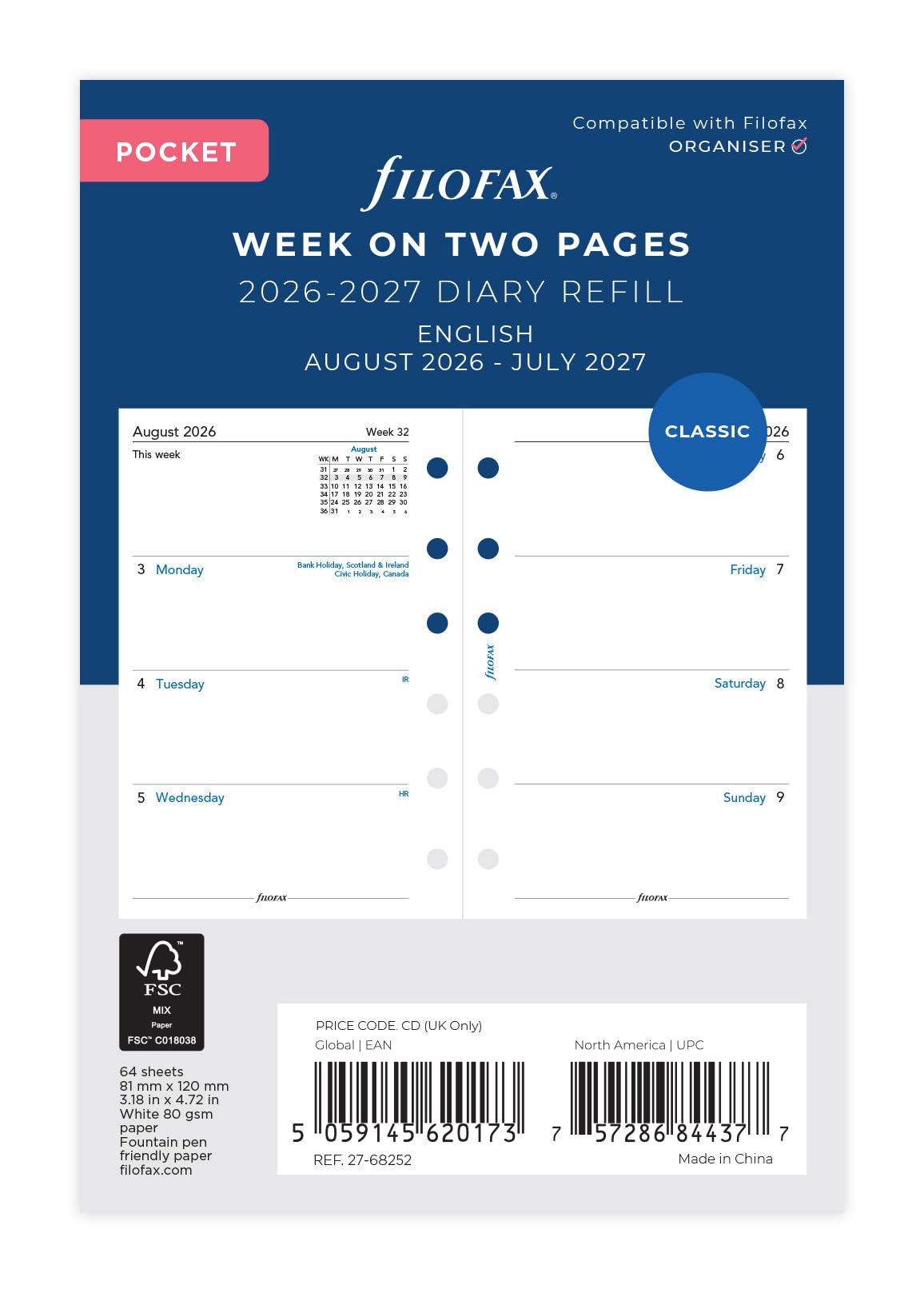 Filofax Pocket Personal Organiser Refill - Mid Year Aug 2026 to Jul 2027 Diary | Week on Two Pages