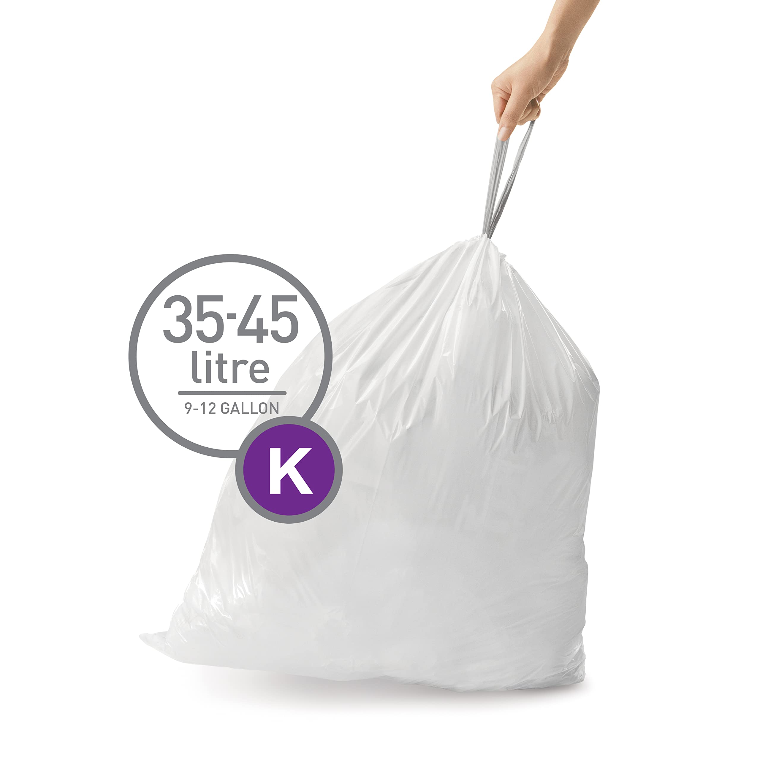 simplehuman CW0260 Code K Custom Fit Bin Liner - 40L Capacity, White Plastic, 60 Count (Pack of 3)