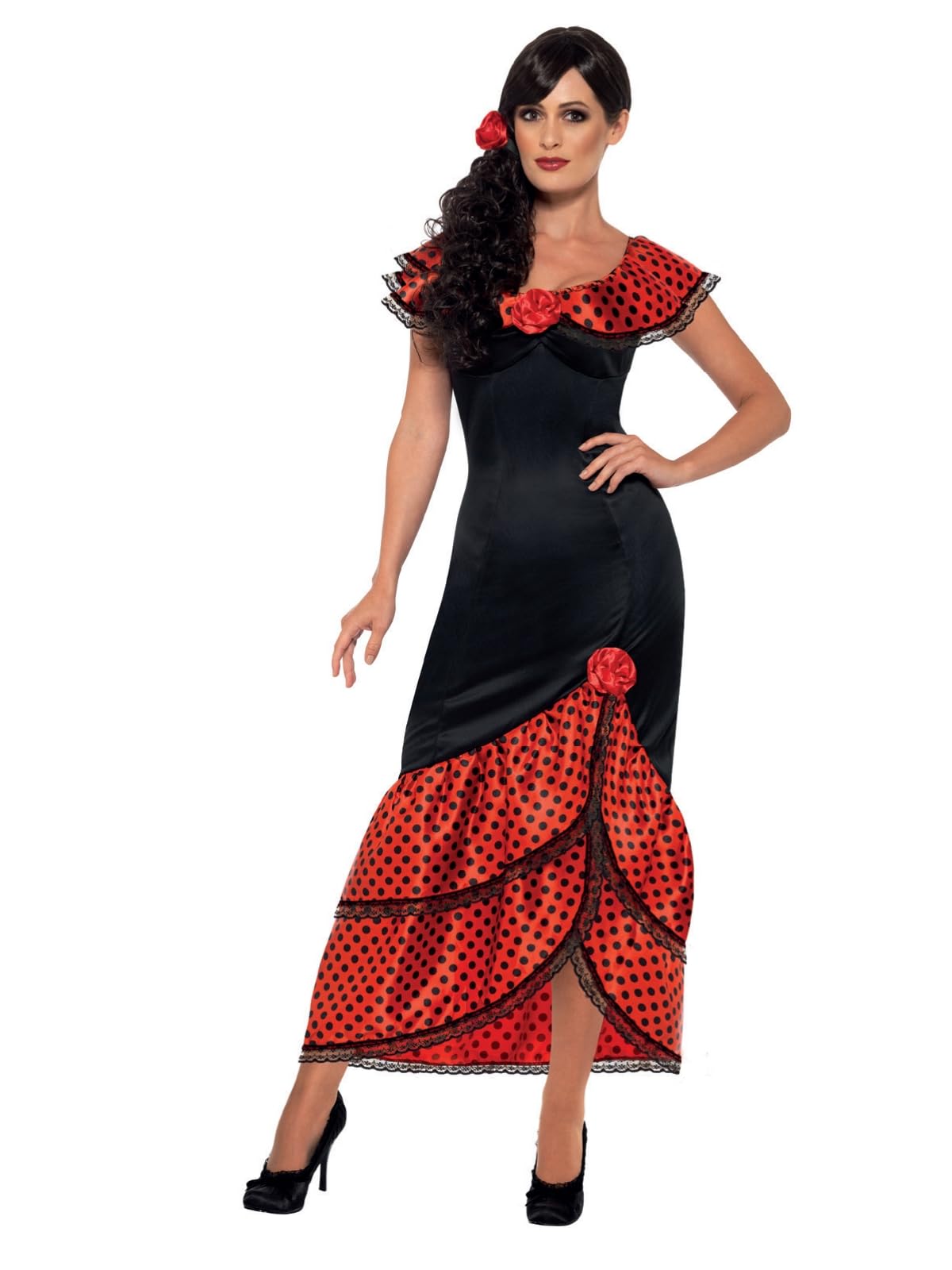 Smiffys Flamenco Senorita Costume - Adult Women's Size M (UK 12-14) | Black & Red Dress with Headpiece