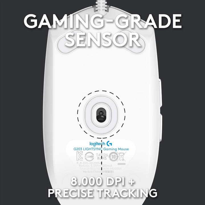 Logitech G203 LIGHTSYNC Gaming Mouse - 8K DPI, 6 Programmable Buttons, RGB Lighting, Lightweight Design - White