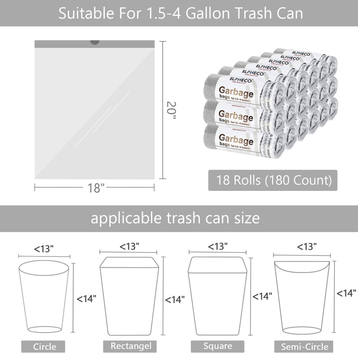 ELPHECO 180-Pack 15L Drawstring Bin Bags - Tear Resistant Trash Liners for Home, Bathroom, Kitchen & Office