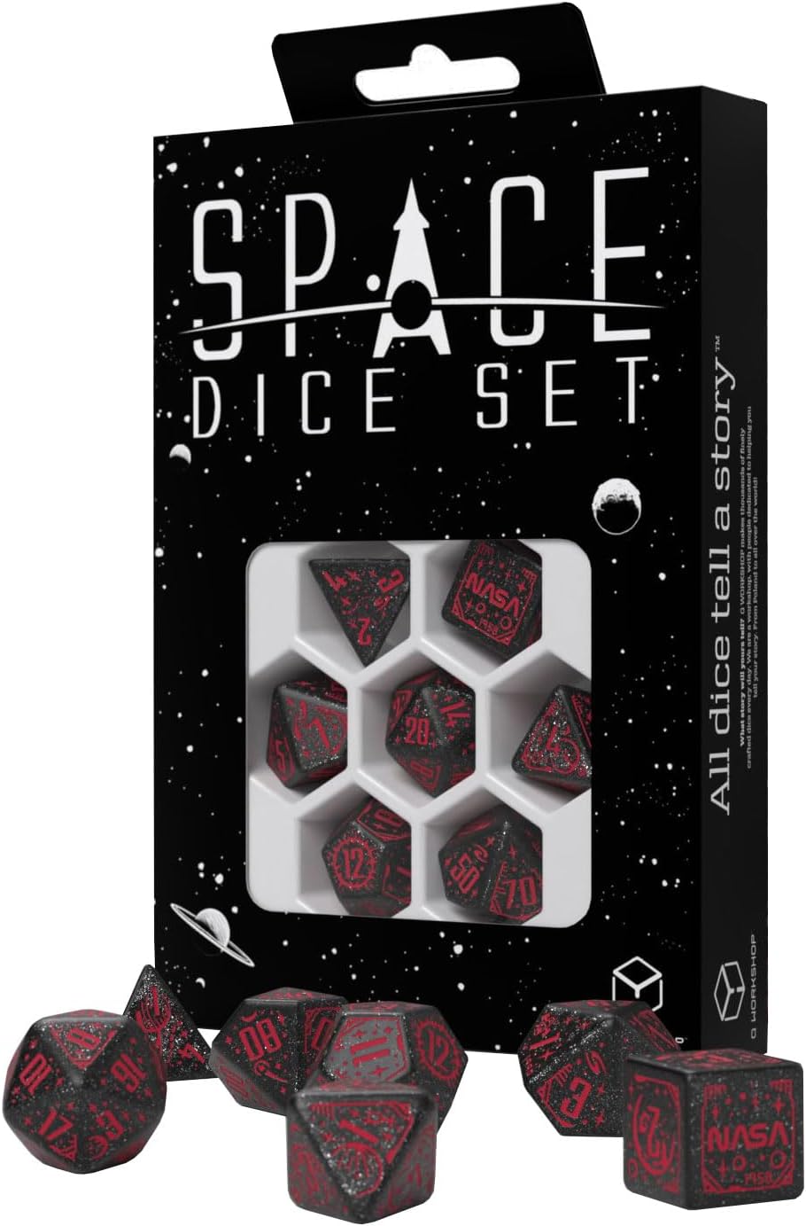 Q WORKSHOP - Space Dice Set Voyager RPG Dice – Shimmering Black with Red Engraving (7-Piece Set)