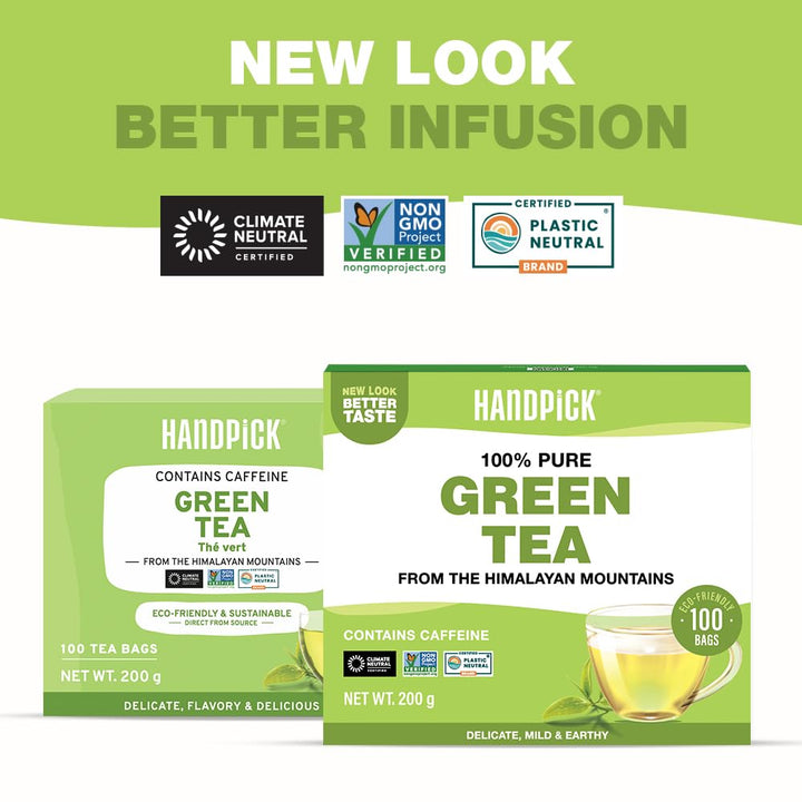 HANDPICK Green Tea Bags - 100% Pure Green Tea, 100 Bags, No Adhesive, No Bleach, Gluten Free