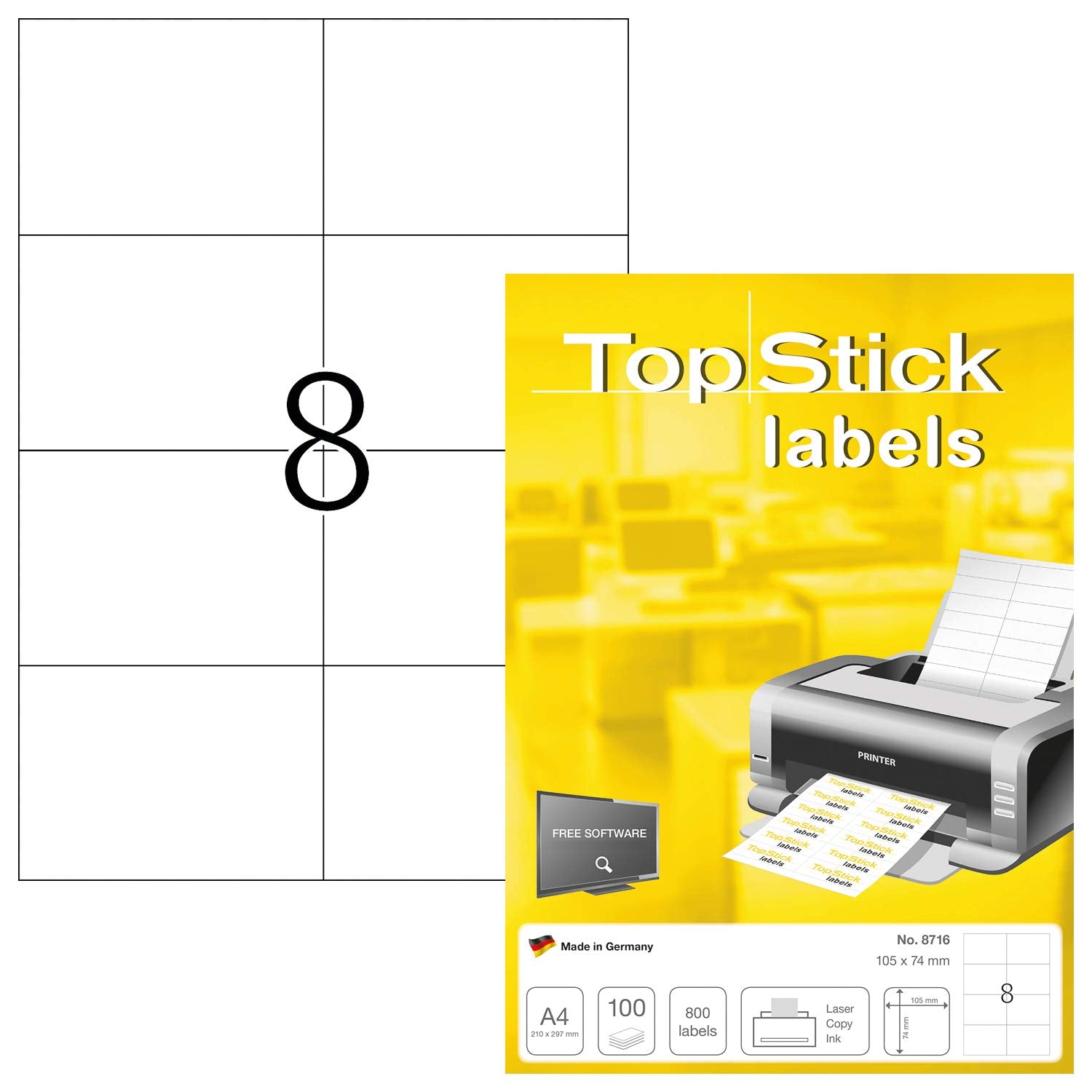 TopStick 8716 Multi-Purpose Printer Labels - 8 Labels/Sheet, 105x74mm, 800 Labels Total