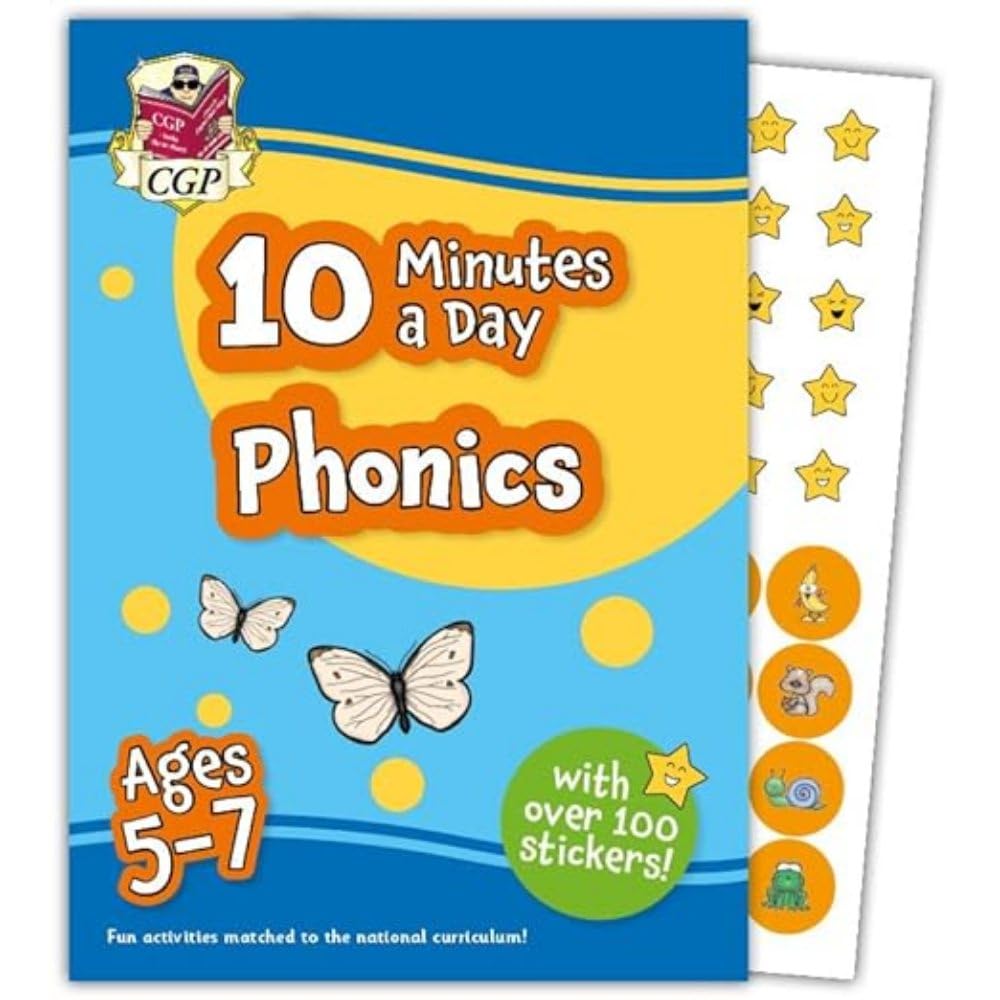 CGP 10 Minutes a Day Phonics for Ages 5-7 Study Aid Paperback with Reward Stickers 1