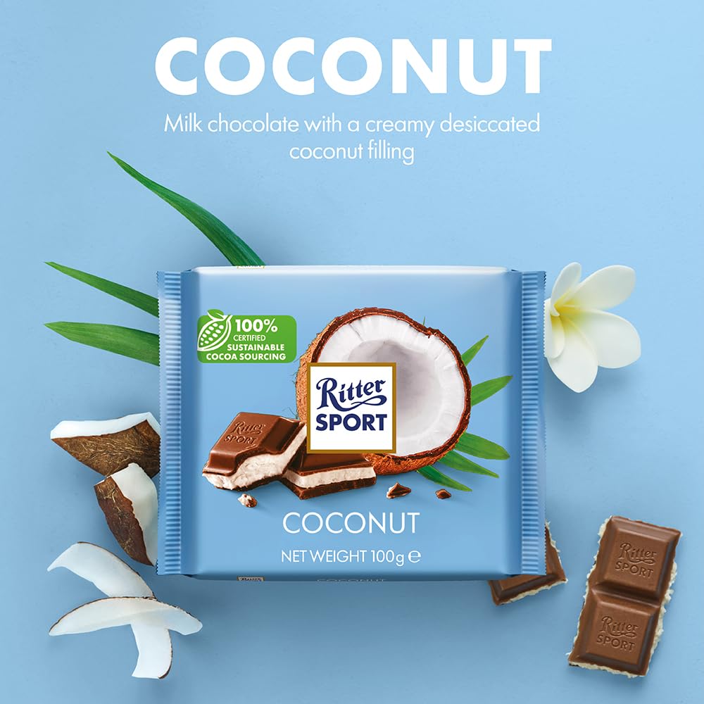 Ritter Sport Coconut Milk Chocolate Bar, 100g - Creamy Milk Chocolate with Desiccated Coconut Filling