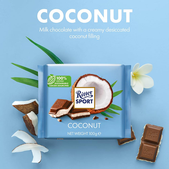 Ritter Sport Coconut Milk Chocolate Bar, 100g - Creamy Milk Chocolate with Desiccated Coconut Filling