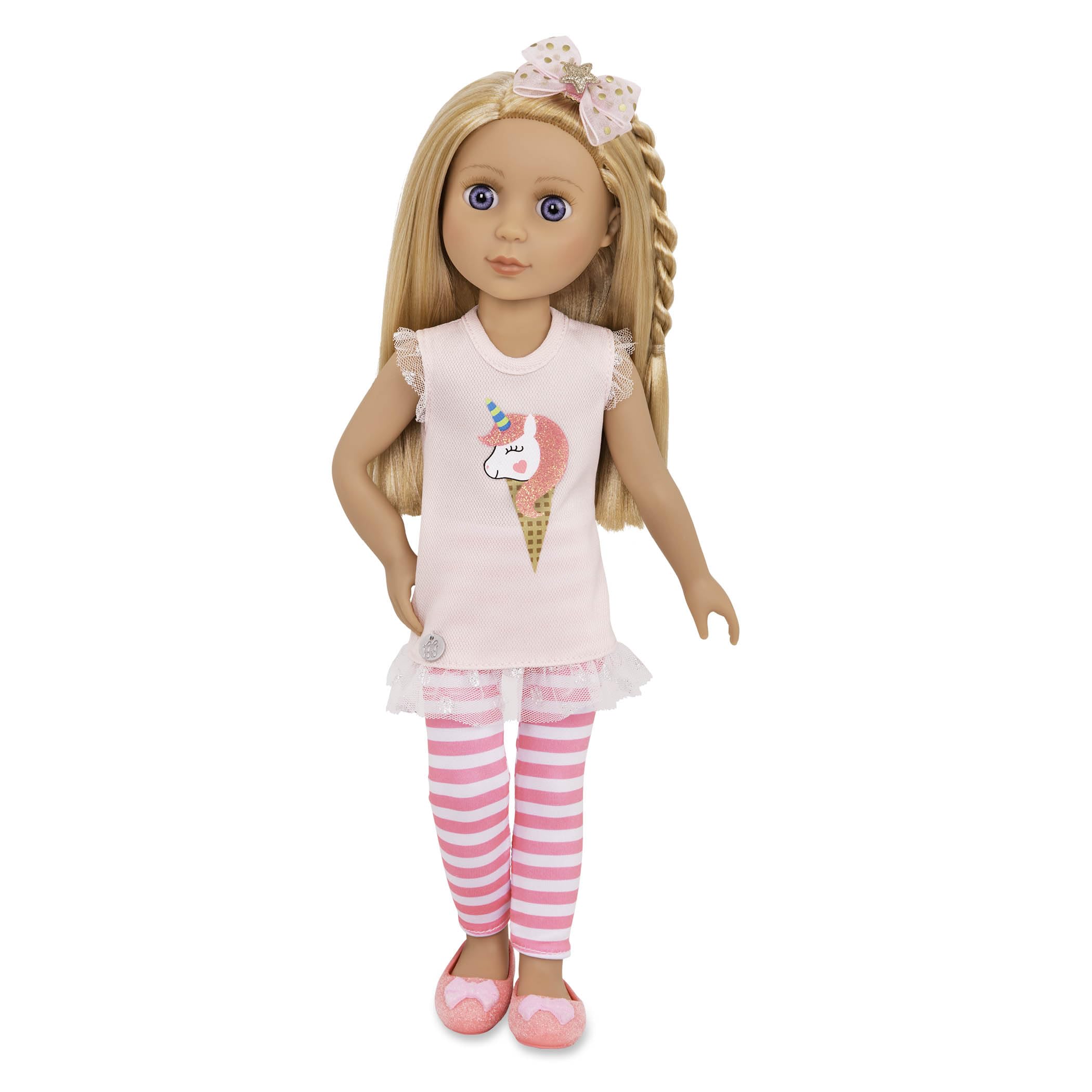 Glitter Girls Lacy - 14-Inch Posable Fashion Doll with Blonde Hair & Purple Eyes - Pink Tunic Outfit 1