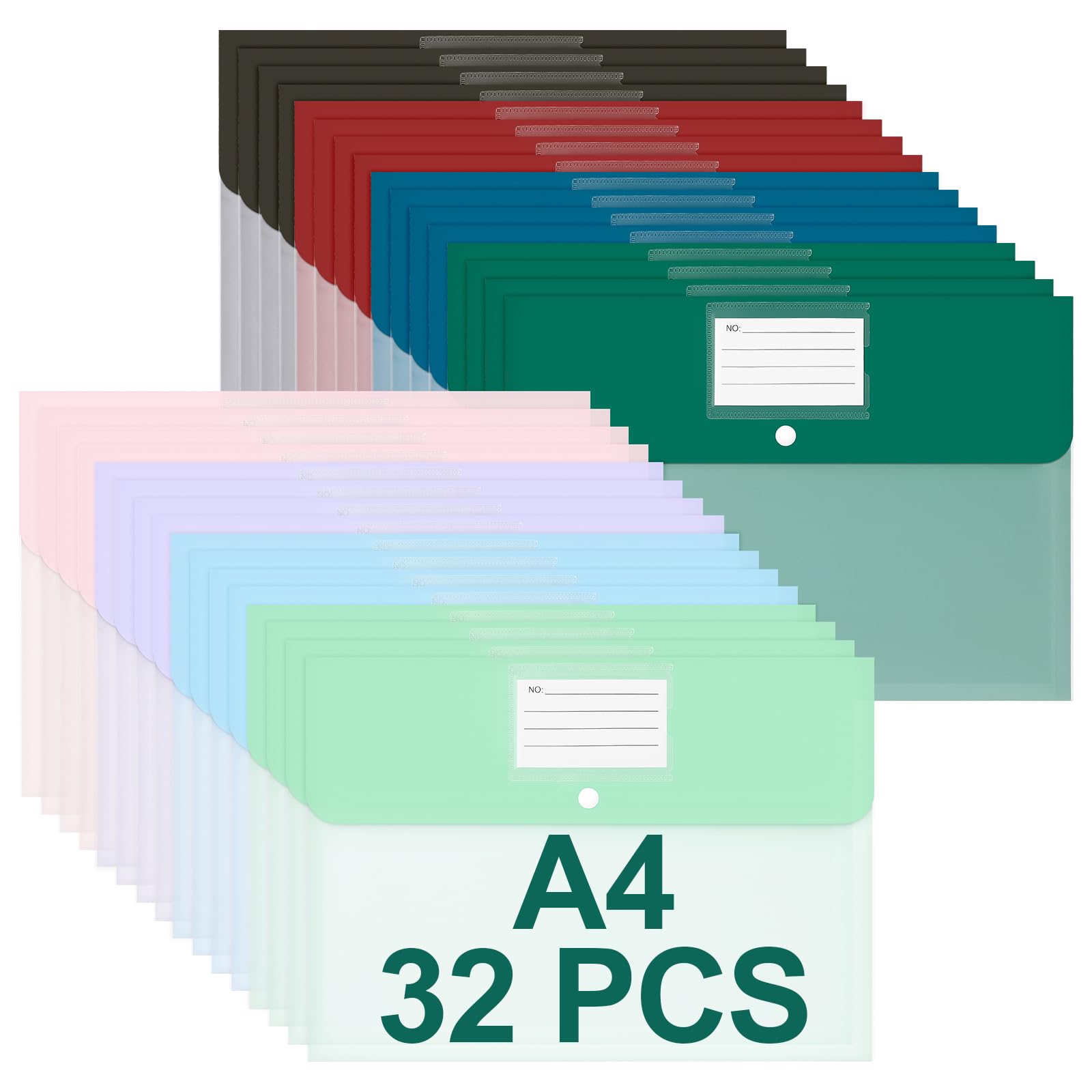 Euvqunn 32 PCS Plastic Wallets A4 - 8 Colours, Snap Button, Waterproof Document Folders