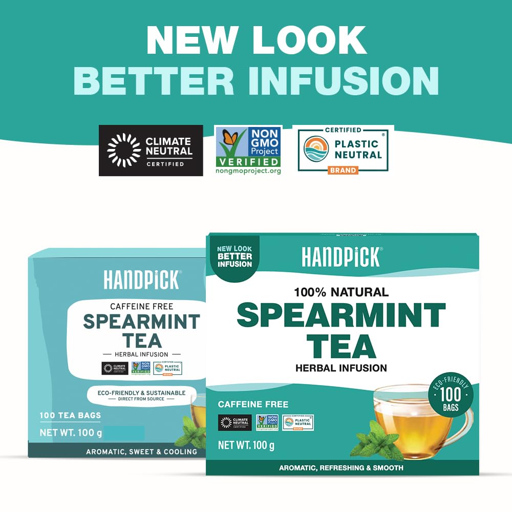 HANDPICK Spearmint Tea Bags (100 Count) Non-GMO, 100% Pure Spearmint Leaf, Tea Board of India Certified